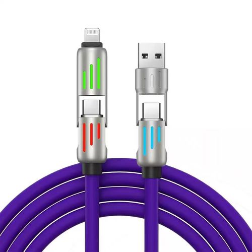 4-in-1 Fast Charging Data Cable | USB-A, Type-C, and Lightning connectors | Supports fast charging and data synchronization for iPhone, Samsung, and Android phones | Universal silicone fast charging cable | With RGB lighting effects | Suitable for mobile phones, car chargers, and other devices