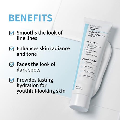 NIDA Youthful Radiance Moisturizing Cream 100ml Contains Collagen, Niacinamide, Centella Asiatica, Hyaluronic Acid. Reduces wrinkles and dark spots. Daily moisturizing. Nourishes skin.