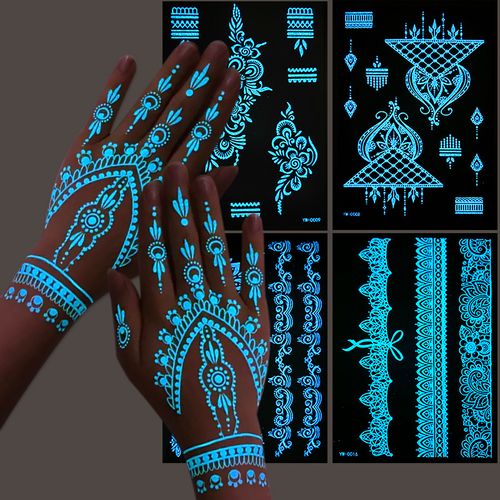 Luminous henna tattoo stickers, Indian lace design, hollow-out hand tattoos, glow-in-the-dark body paint, unique luminous temporary tattoos, 6 stickers per set, change your look anytime.