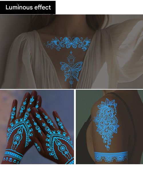 Luminous henna tattoo stickers, Indian lace design, hollow-out hand tattoos, glow-in-the-dark body paint, unique luminous temporary tattoos, 6 stickers per set, change your look anytime.