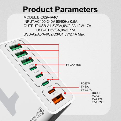 8-Port Fast Charger (4 USB + 4 PD) – 30W PD Fast Charging for Smartphones