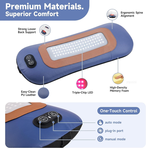 Cordless Lumbar Support Pillow, Lower Back Massager with Red Light Therapy