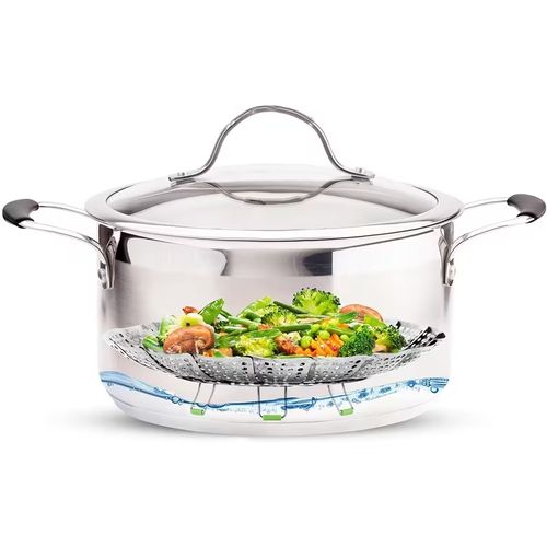 Vegetable Steamer Basket for Cooking Food, Stainless Steel Veggie Steam Basket for Pot, Folding Expandable Steaming Insert with Extendable Handle Fits Various Size Pot, 5.1Inch to 9Inch
