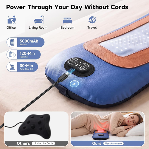 Cordless Lumbar Support Pillow, Lower Back Massager with Red Light Therapy