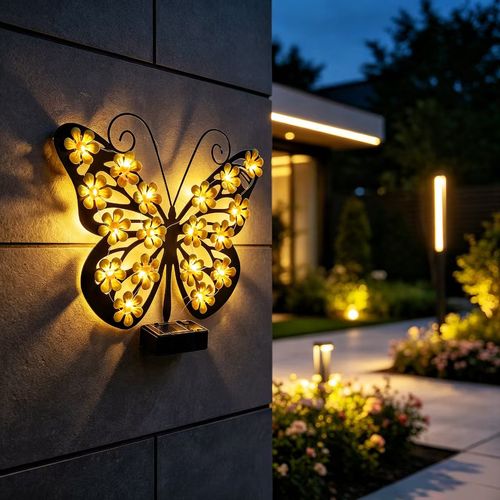 Beautiful solar‑powered butterfly wall lights for your home, yard and compound. No electricity needed, easy to install, creates nice night‑time ambiance. Perfect for home decoration.