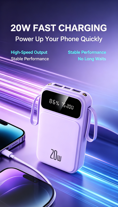 💥 3C Certified 20000mAh Power Bank | 4 Built-in Cables
