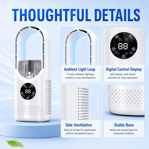 Portable USB Tower Fan, Bladeless Mini Desk Fan with Water Mist Spray