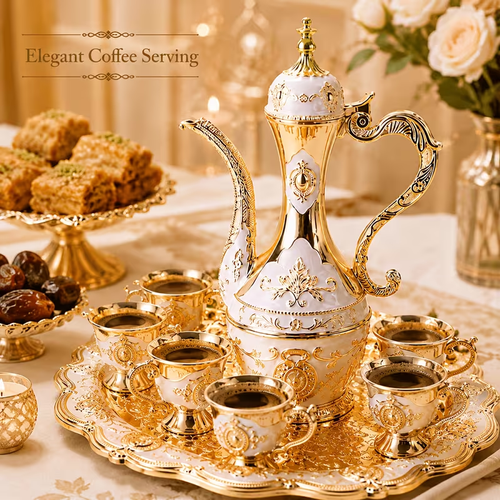 Golden Arabic Coffee Pot Set with 6 Cups And Serving Tray, Zinc Alloy Dallah Teapot,