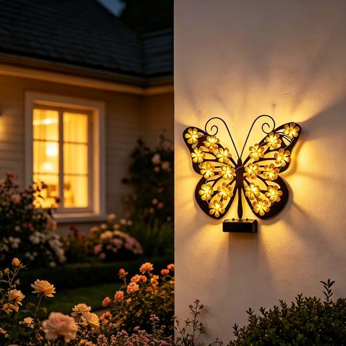 Beautiful solar‑powered butterfly wall lights for your home, yard and compound. No electricity needed, easy to install, creates nice night‑time ambiance. Perfect for home decoration.