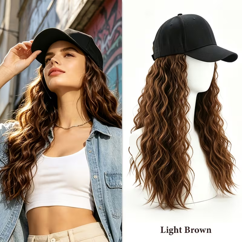 18 Inch Synthetic Hat Wig for Women, Black Baseball Cap with Long Kinky Curly Hair Extensions, Natural Small Curly Hat Wig, Adjustable Cap Wig for Daily Travel Party