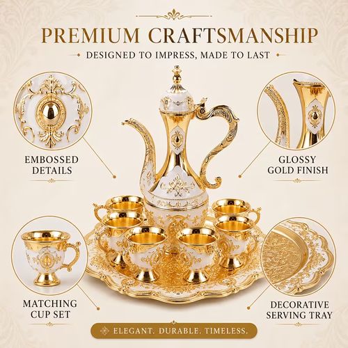 Golden Arabic Coffee Pot Set with 6 Cups And Serving Tray, Zinc Alloy Dallah Teapot,
