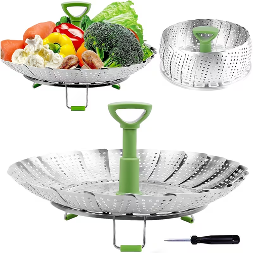 Vegetable Steamer Basket for Cooking Food, Stainless Steel Veggie Steam Basket for Pot, Folding Expandable Steaming Insert with Extendable Handle Fits Various Size Pot, 5.1Inch to 9Inch