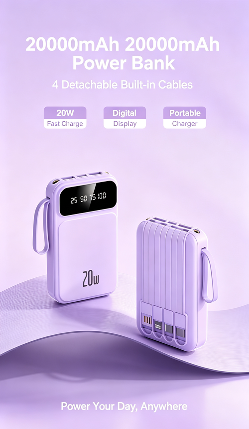 💥 3C Certified 20000mAh Power Bank | 4 Built-in Cables