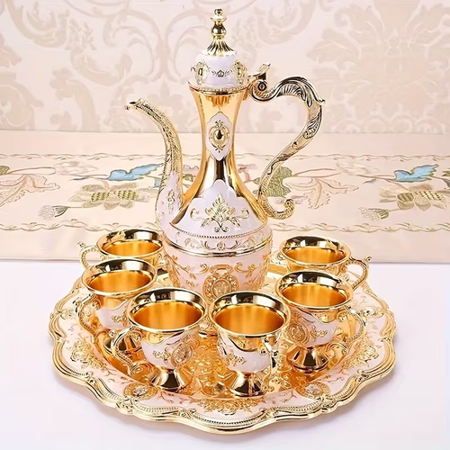 Golden Arabic Coffee Pot Set with 6 Cups And Serving Tray, Zinc Alloy Dallah Teapot,