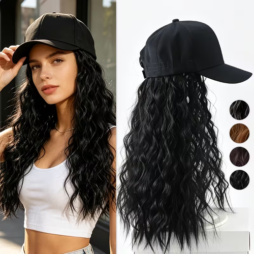 18 Inch Synthetic Hat Wig for Women, Black Baseball Cap with Long Kinky Curly Hair Extensions, Natural Small Curly Hat Wig, Adjustable Cap Wig for Daily Travel Party