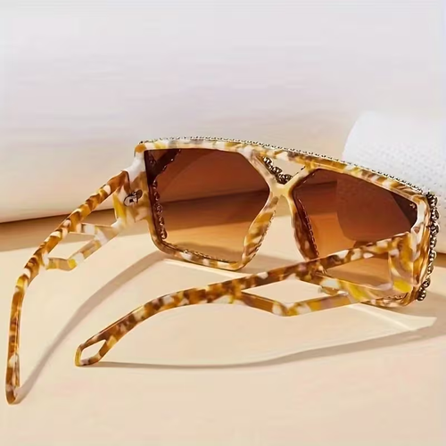💃 Women Bling Geometric Rhinestone Sunglasses • Tortoise Shell Frame • Trendy Party Decor Shades
