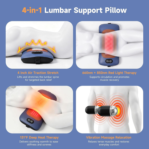 Cordless Lumbar Support Pillow, Lower Back Massager with Red Light Therapy