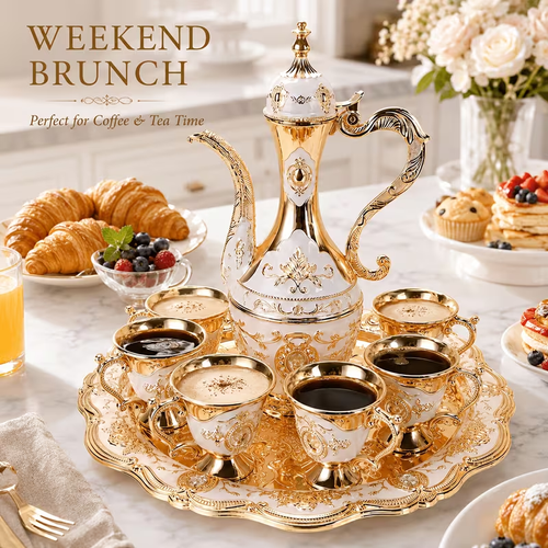 Golden Arabic Coffee Pot Set with 6 Cups And Serving Tray, Zinc Alloy Dallah Teapot,