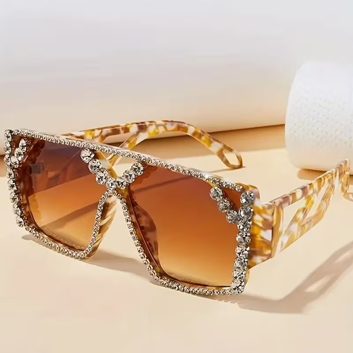 💃 Women Bling Geometric Rhinestone Sunglasses • Tortoise Shell Frame • Trendy Party Decor Shades