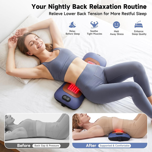 Cordless Lumbar Support Pillow, Lower Back Massager with Red Light Therapy