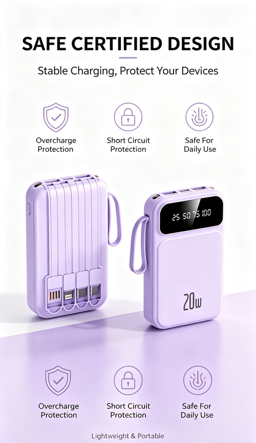 💥 3C Certified 20000mAh Power Bank | 4 Built-in Cables