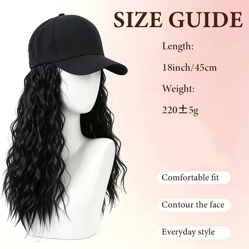 18 Inch Synthetic Hat Wig for Women, Black Baseball Cap with Long Kinky Curly Hair Extensions, Natural Small Curly Hat Wig, Adjustable Cap Wig for Daily Travel Party