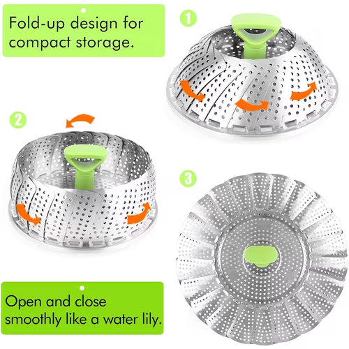 Vegetable Steamer Basket for Cooking Food, Stainless Steel Veggie Steam Basket for Pot, Folding Expandable Steaming Insert with Extendable Handle Fits Various Size Pot, 5.1Inch to 9Inch