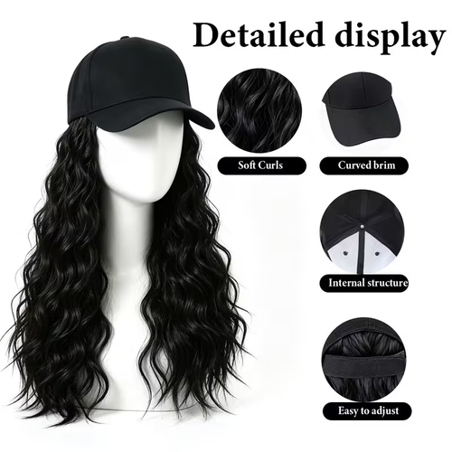 18 Inch Synthetic Hat Wig for Women, Black Baseball Cap with Long Kinky Curly Hair Extensions, Natural Small Curly Hat Wig, Adjustable Cap Wig for Daily Travel Party