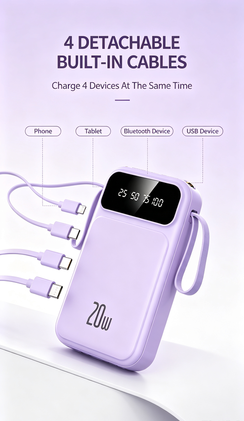 💥 3C Certified 20000mAh Power Bank | 4 Built-in Cables