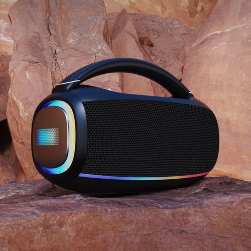 Desconto de 20000 AOA ,Limitado a 50 unidades  Coluna portátil para exterior com luzes RGB, potência de 20W, graves potentes, som versátil para festas, acampamentos e uso doméstico