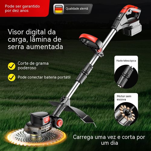 Aparador de grama sem fio com bateria de lítio, serve para cortar relva e aparar galhos.