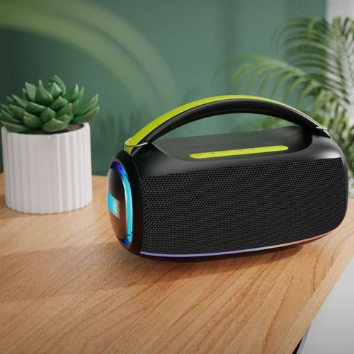 Desconto de 20000 AOA ,Limitado a 50 unidades  Coluna portátil para exterior com luzes RGB, potência de 20W, graves potentes, som versátil para festas, acampamentos e uso doméstico