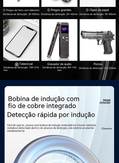 Detector de metal portátil de alta precisão, ideal para uso doméstico, obras e segurança.