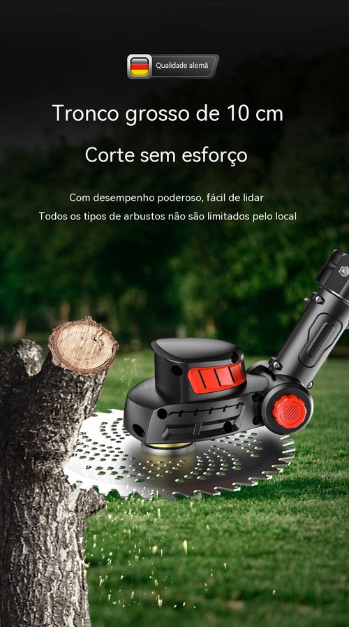 Aparador de grama sem fio com bateria de lítio, serve para cortar relva e aparar galhos.