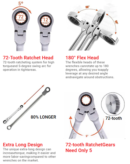 15-piece set of extra-long adjustable ratchet socket wrenches