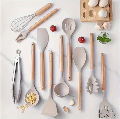 12pcs Non-Stick Silicone Kitchen Set with Wooden Handles