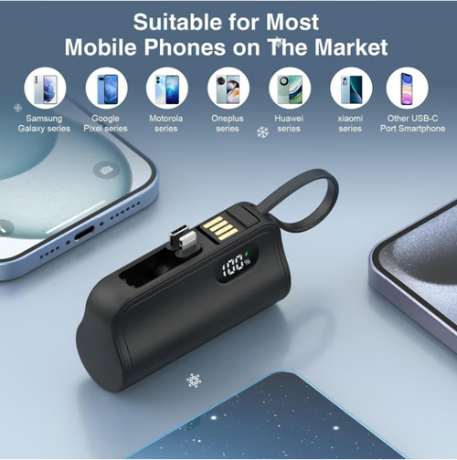 Mini Capsule Power Bank: 5000mAh Pocket-Sized Charger with Built-in Cable