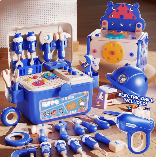 Hippo All-in-one Tool Hub DIYMontessori Tool Box Set -Hippo Workbench 92 pcs(Blue)