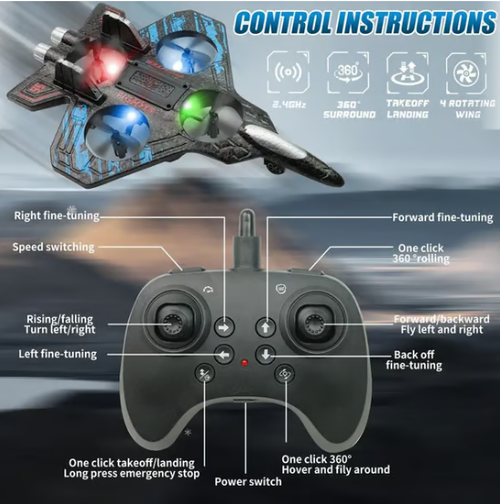 🎉🎉RC Stunt Fighter Jet Toy for Kids with 360° Flips & LED Lights