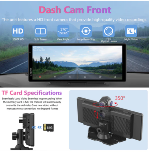 Console de tableau de bord multimédia intelligente portableavec caméra frontale et fonction DVR