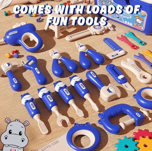 Hippo All-in-one Tool Hub DIYMontessori Tool Box Set -Hippo Workbench 92 pcs(Blue)