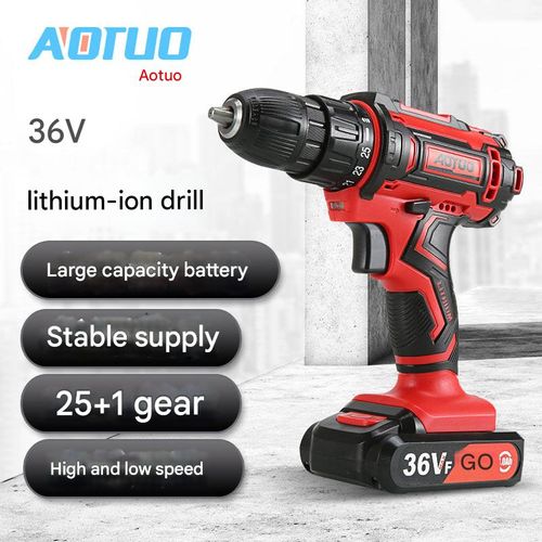 AOTUO Red dual-speed 36VF lithium-ion drill with two batteries and one charger + 102-piece set+Electric drill refitting plate shears