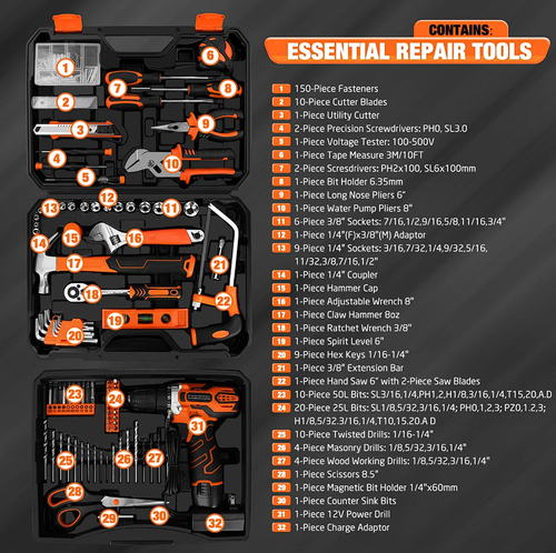 Afrleon 255 PCS Home Tool Kit with 12V Drill Storage Case