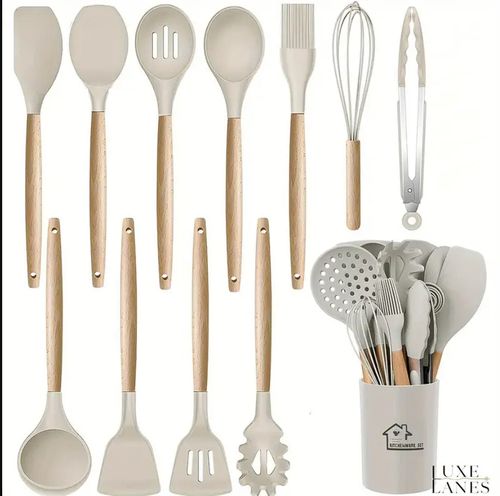 12pcs Non-Stick Silicone Kitchen Set with Wooden Handles
