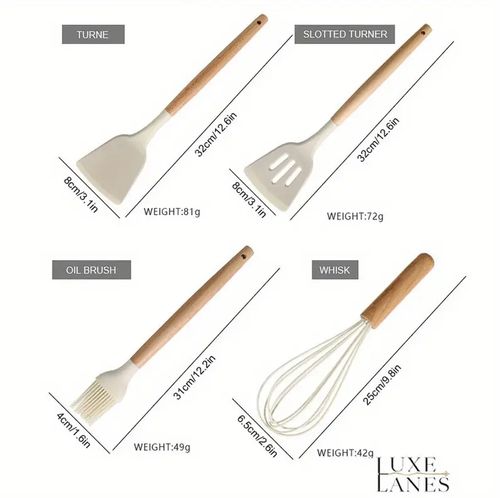 12pcs Non-Stick Silicone Kitchen Set with Wooden Handles