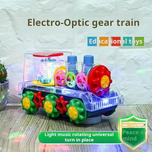 🧠🧩Perfect Gift for Kids🎁Interactive Transparent Train Toy with LED Light and Sound, 360 Rotating Engine Toy for Kids, Baby Sound Toys, Automatic Obstacle Avoidance