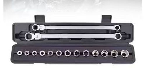 15-piece set of extra-long adjustable ratchet socket wrenches