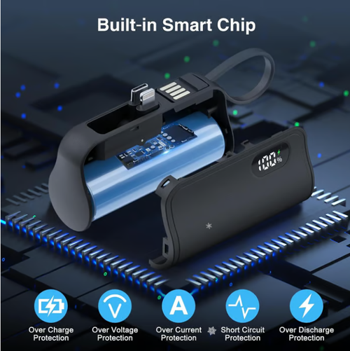 Mini Capsule Power Bank: 5000mAh Pocket-Sized Charger with Built-in Cable