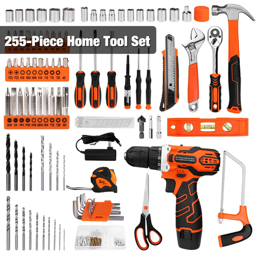 Afrleon 255 PCS Home Tool Kit with 12V Drill Storage Case