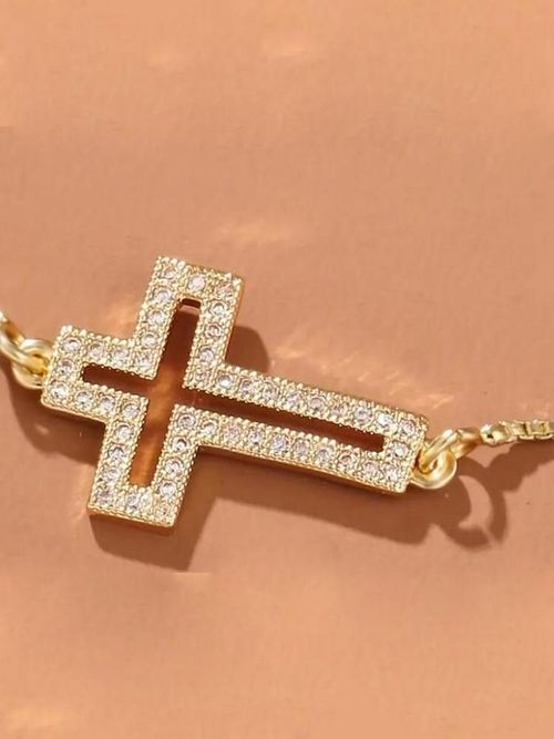 Dainty Cross Bracelet: Zircon Detail, Openwork Design